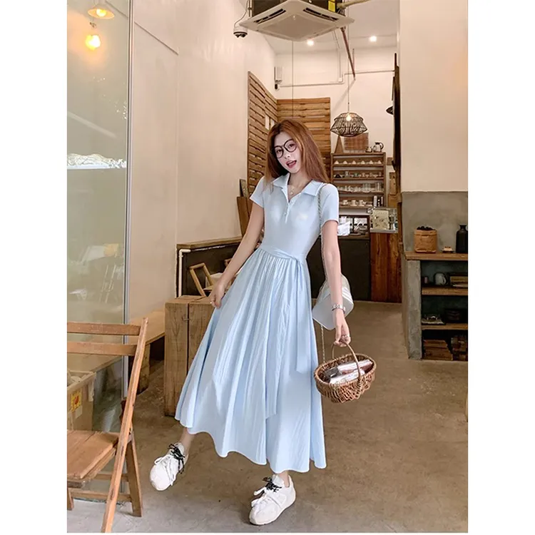 韩系气质设计感独特漂亮连衣裙女夏季蓝色polo领短袖中长款裙子