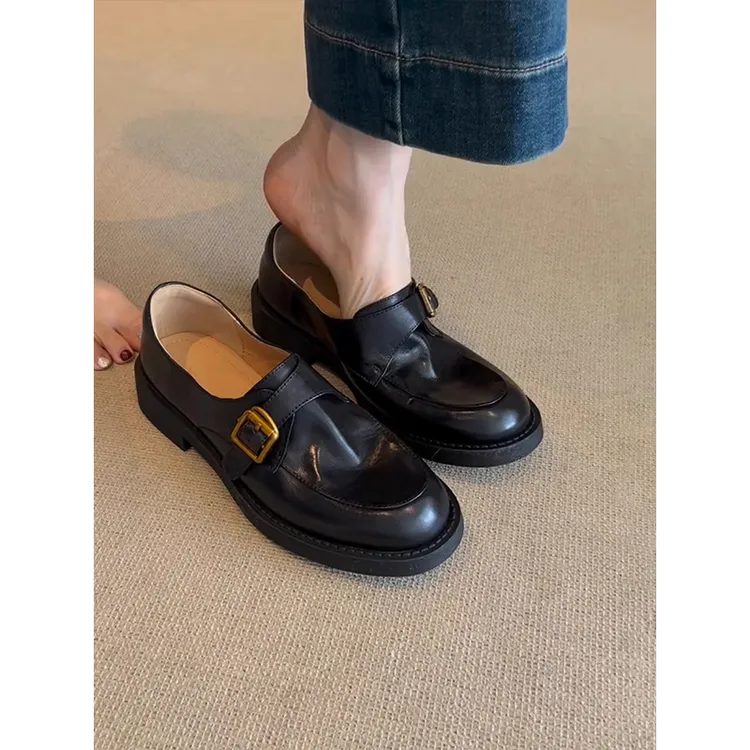 牛皮版~复古圆头皮带扣小皮鞋英伦风百搭一脚蹬乐福鞋单鞋女新款