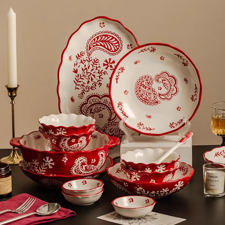 中式餐具吃饭碗盘子家用创意瓷器新婚喜庆礼品米饭碗菜盘鱼盘陶瓷