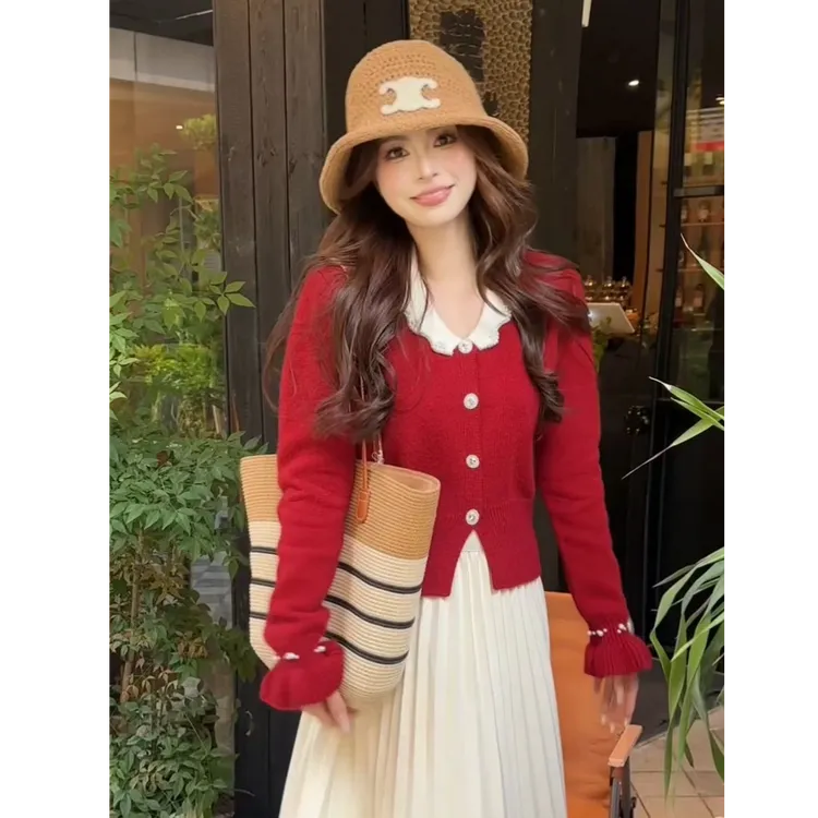 小香风钉珠V领长袖针织开衫上衣秋冬新款时尚短款毛衣外套#9502