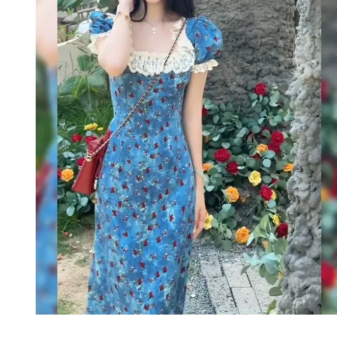 巨显白落日玫瑰法式蓝色碎花连衣裙夏小众设计气质蕾丝泡泡袖长裙