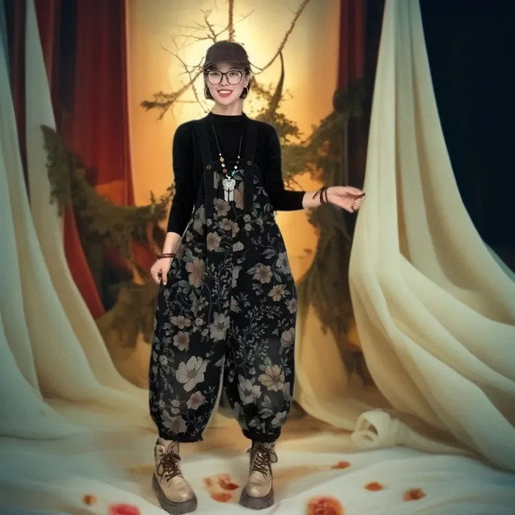 春秋时尚水洗印花复古牛仔背带裤休闲大码女装减龄宽松显瘦连体衣