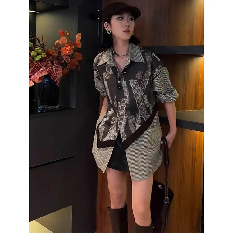 欧洲站2025秋季新款时尚小众设计洋气通勤百搭长袖翻领拼接衬衫女