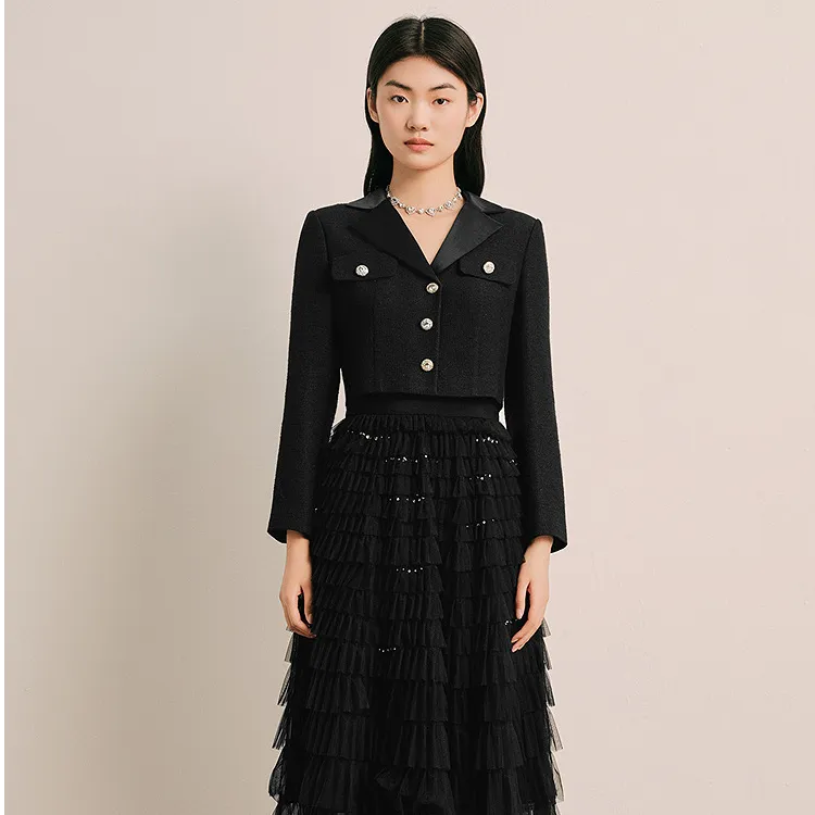 OBBLIGATO奥丽嘉朵2025春季新款黑色拼接蛋糕连衣裙1C65105080