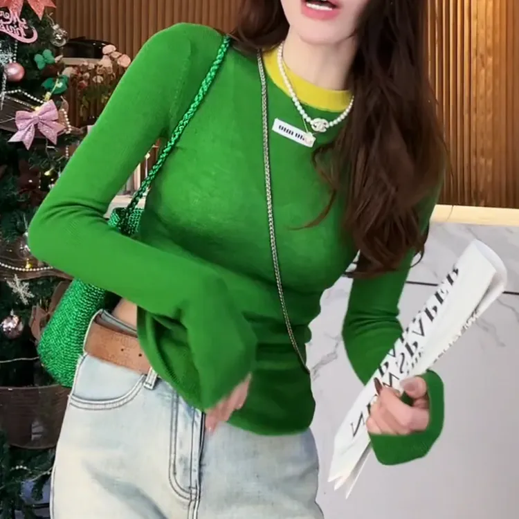 2026新款插色拼接打底亮色慵懒感针织圆领上衣打底衫LK2509182