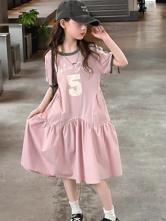 A字裙女童纯色夏季T恤裙连衣裙洋气夏装裙子中大童时尚韩版裙子