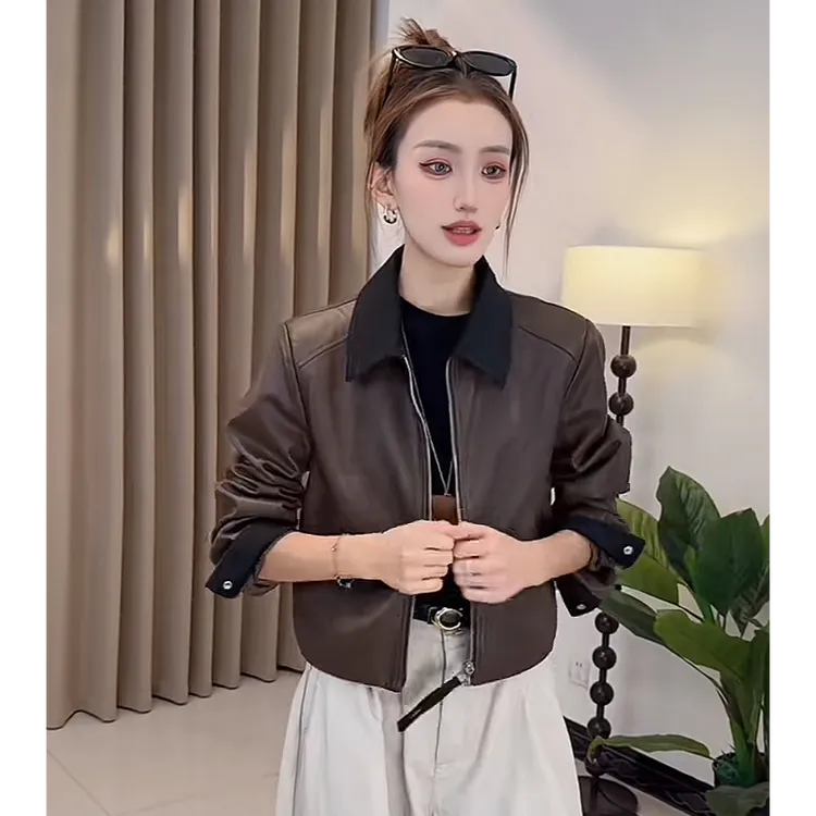 秋季流行高级感复古撞色皮衣短外套女装时尚巨好看休闲皮夹克上衣
