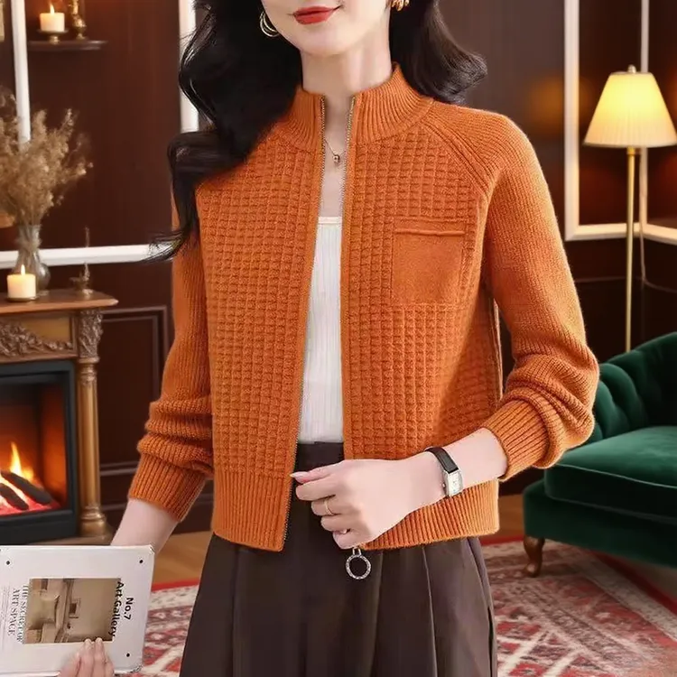 专柜同款新款百搭羊毛衫女秋冬立领拉链短款外搭针织毛衣外套