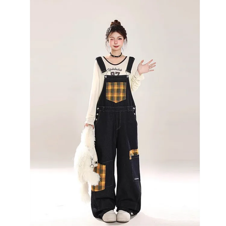 大码女装美式复古格子拼接牛仔背带裤胖mm设计感宽松休闲连体裤潮