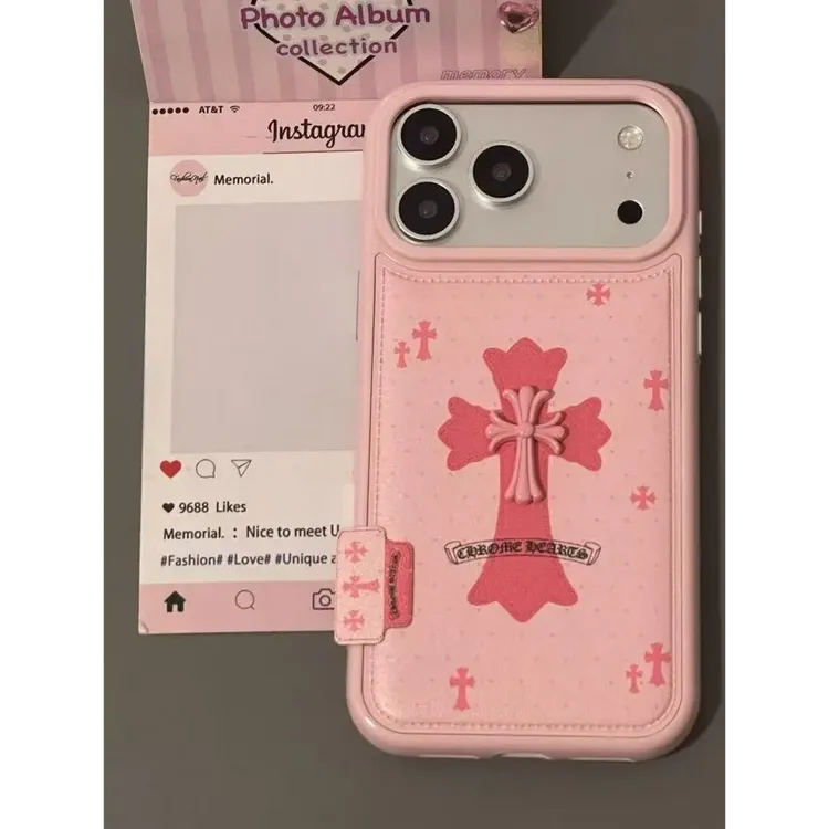 秋冬皮纹立体粉色十字架适用于iphone17Pro手机壳16软胶15/14少女