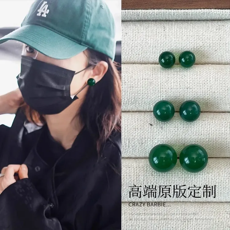 铜合金耳饰 杨幂同款新中式绿色圆形珠珠耳钉女时尚气质简约耳环