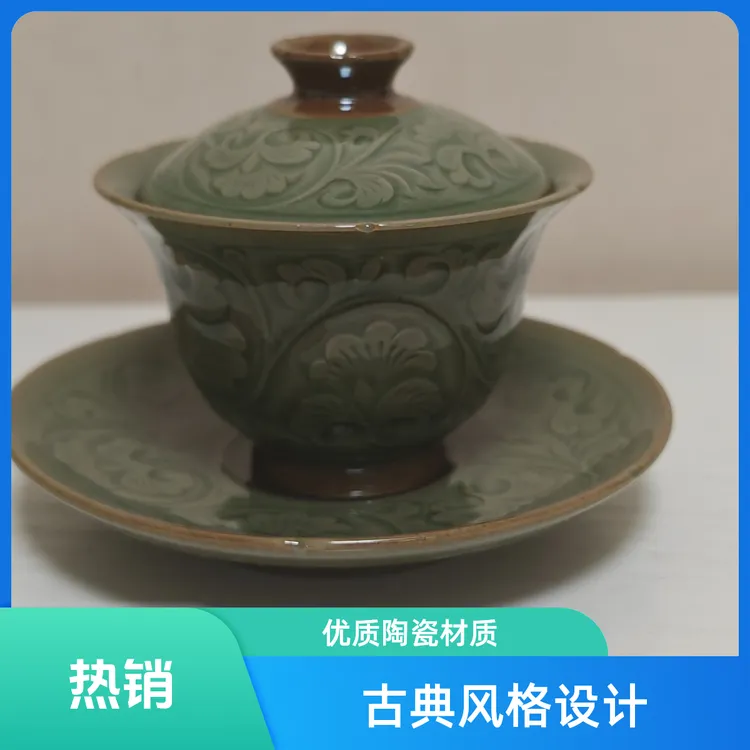 耀州窑孟红娟全手工花口缠枝牡丹三才盖碗茶具女士高档陶瓷纯手工
