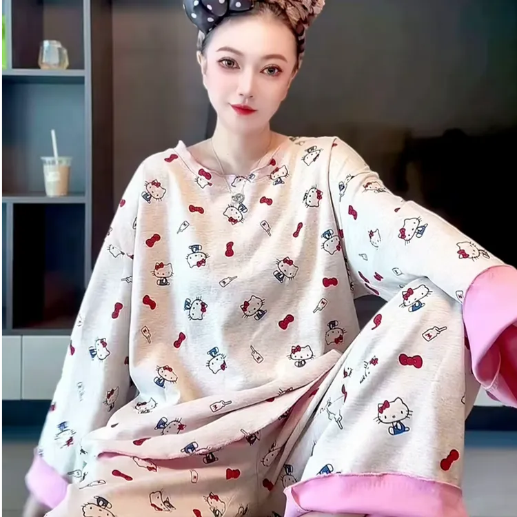 秋冬印花卡通家居服套装女士睡衣长袖长裤时尚宽松圆领居家服睡衣