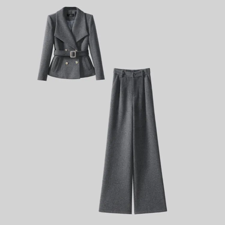 6684秋冬新款斜纹重工时尚显瘦西装套装设计感西服阔腿裤套装