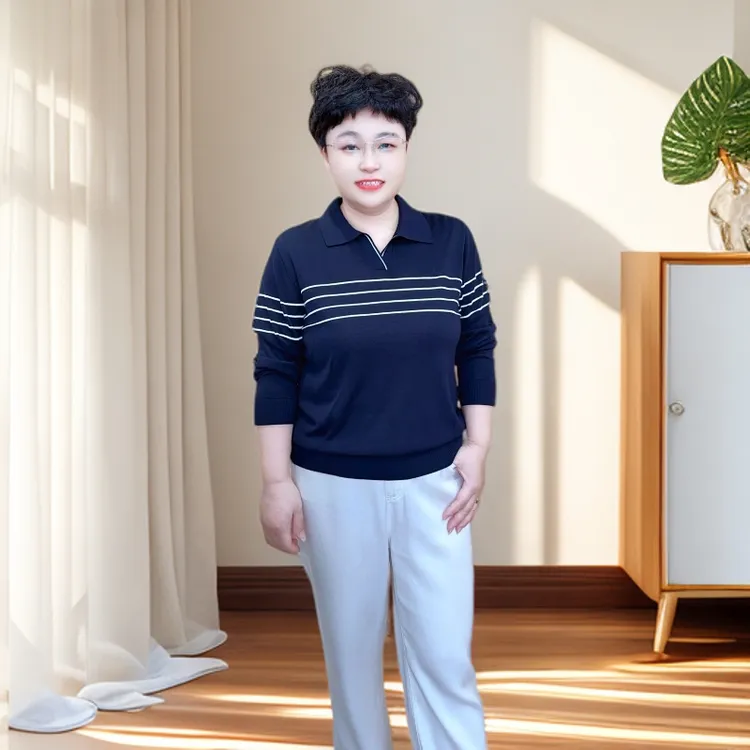 【高档条纹长袖】秋季女士针织长袖(25311)春秋时尚中年翻领妈妈装