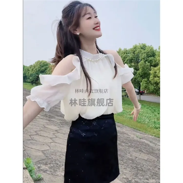 法式珍珠挂脖露肩雪纺衫女夏季洋气减龄喇叭短袖上衣清新甜美小衫