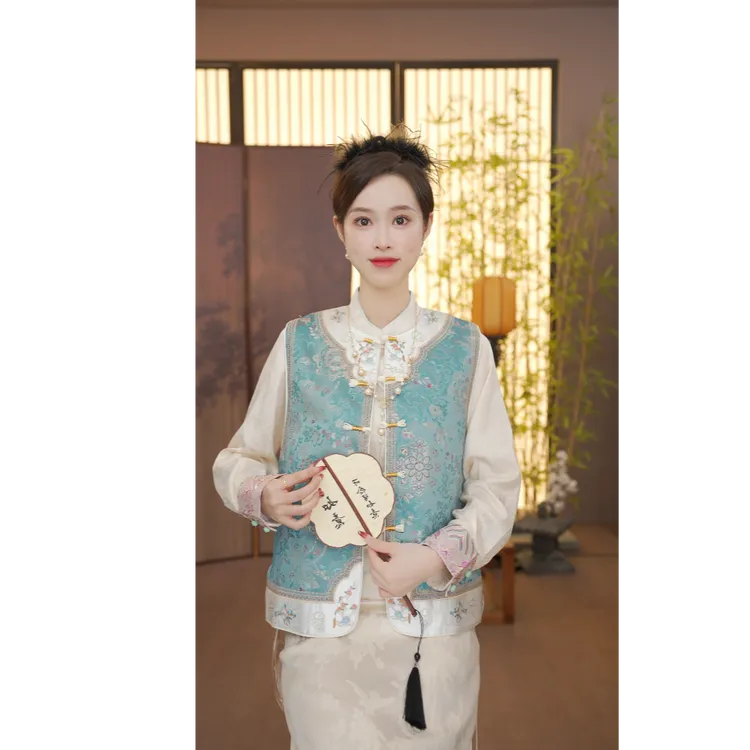 CJ【蓝山】秋季新款中国风百搭上衣立领复古锦绣马甲YY25092503