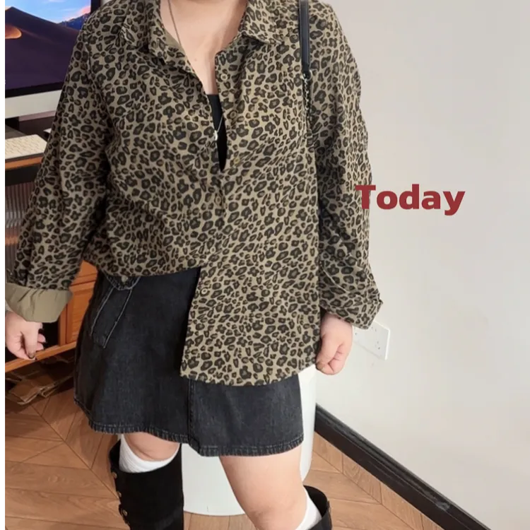 秋季新款美式复古豹纹长袖正肩显瘦宽松大码女装百搭衬衣外套