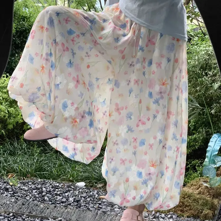 蓬蓬裤彩色有口袋花苞裙裤夏薄款高腰a字中长碎花九分裤半身裙裤