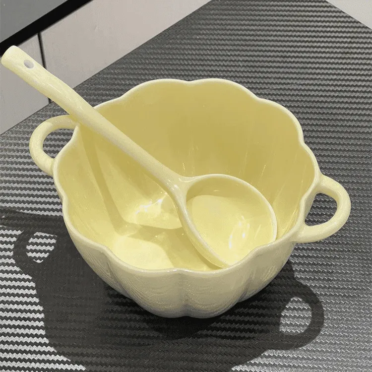 可爱奶黄色ins风饭饭碗高温实用沙拉碗陶瓷双耳汤碗个人陶瓷饭碗商品图