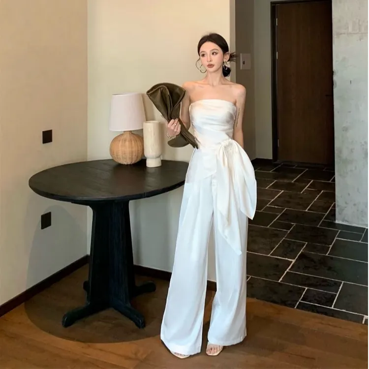 时尚套装女装感气质女神系带抹胸上衣夏季2025新款白色宽松阔腿裤