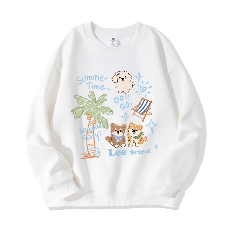 长袖宽松型秋季圆领加绒薄款中长款卫衣休闲百搭印花沙滩小狗