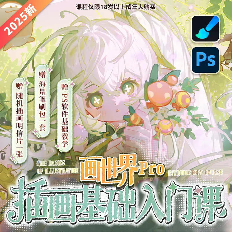 【零基础教程】板绘画世界+PS软件插画入门教学人物头像同人插画课商品图