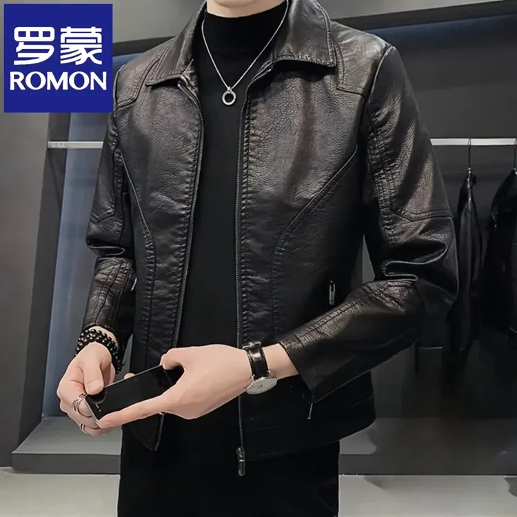 罗蒙皮衣男士2025新款加绒翻领机车服百搭美式皮夹克外套秋冬季男