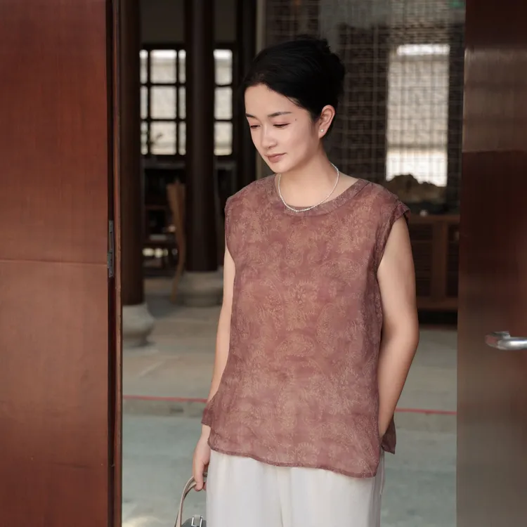 麻享【倾城之恋·坎肩】莨麻腰果花印花无袖上衣夏季女款FSY50720