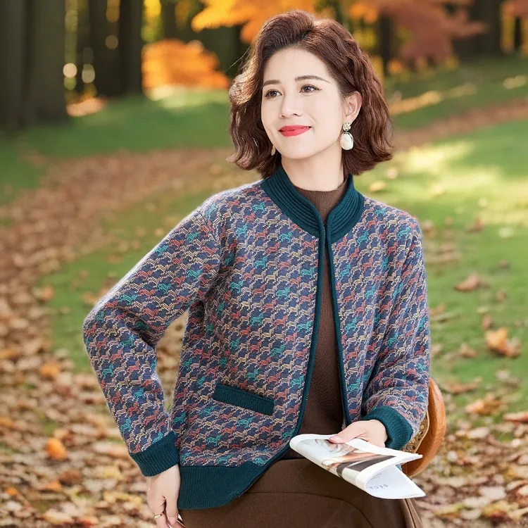 中老年人秋冬季保暖针织外套妈妈装加绒加厚奶奶装针织衫开衫外套