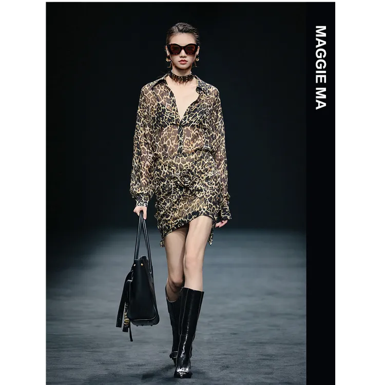 「琥珀流光」MAGGIEMA马婧 千金清冷感贵系小众豹纹显瘦连衣裙107D