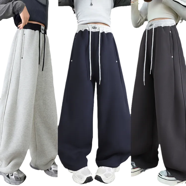 儿童秋冬加绒加厚洋气运动阔腿长裤保暖外穿休闲裤