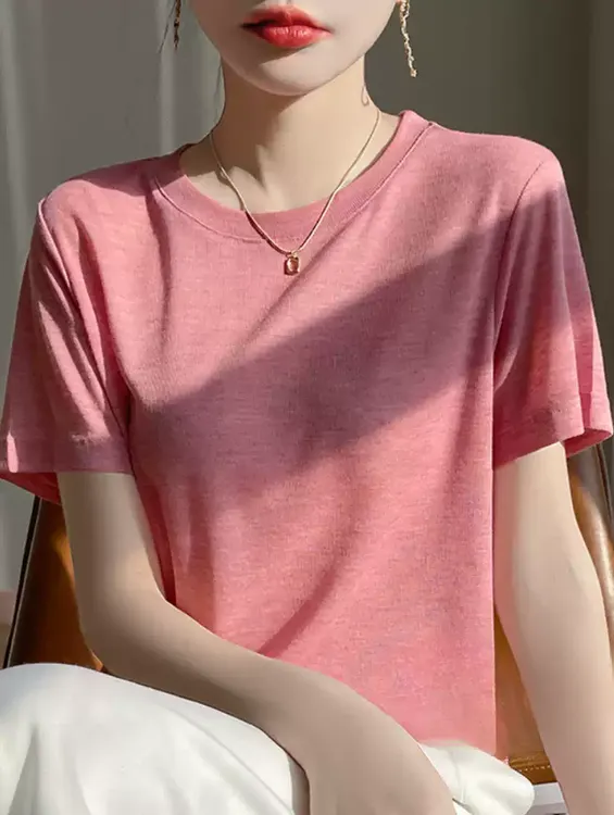 韩版设计感时尚粉色圆领短袖T恤2025年夏季新款气质百搭上衣