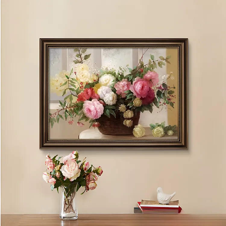 欧式花卉餐厅装饰画牡丹花油画客厅挂画餐厅高级感壁画卧室玄关