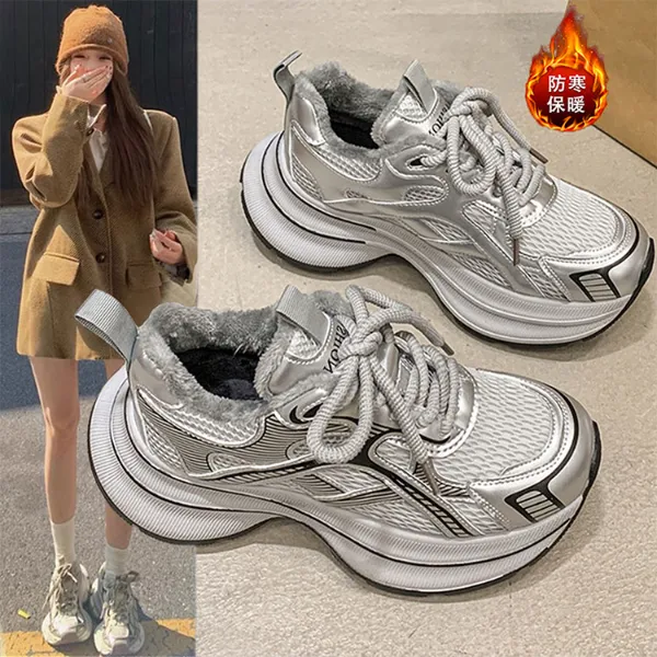 加绒老爹鞋女2025秋冬季新款厚底增高百搭网面透气超火运动休闲鞋