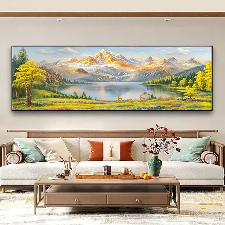 日照金山新款中式高端客厅沙发背景墙铝合金山水油画装饰画