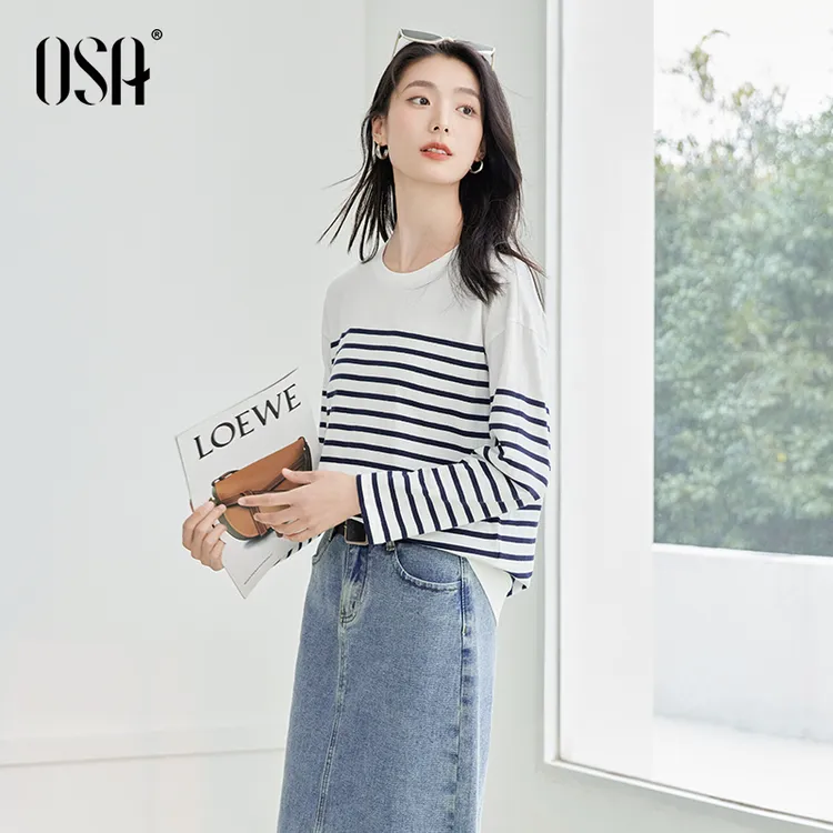 【OSA/欧莎】条纹长袖T恤女法式宽松显瘦内搭打底衫上衣S124A11012
