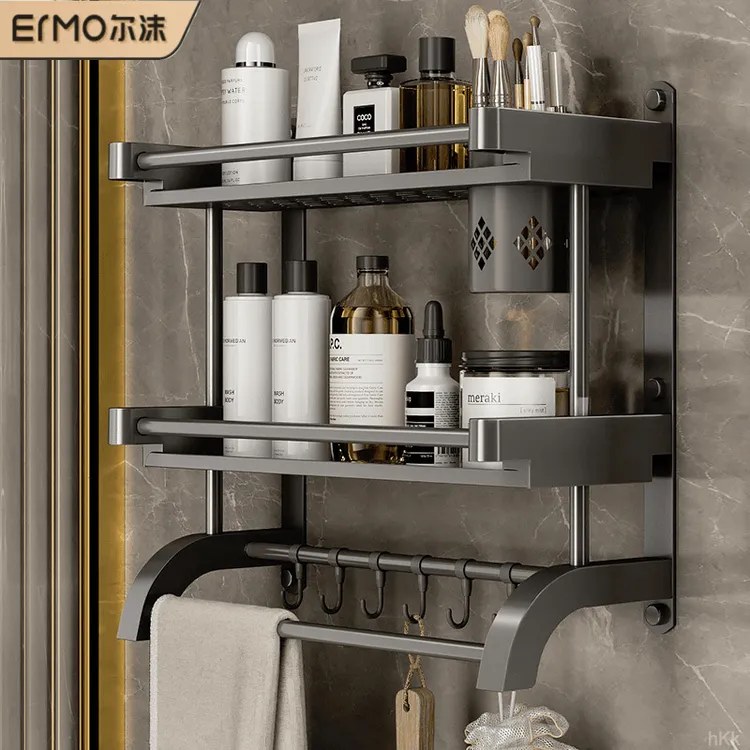 厕所洗澡卫生间收纳洗手间置物架壁挂洗漱台浴室墙上免打孔毛巾架