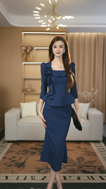 罗曼定制 原创设计蓝色气质名媛通勤秋季时尚上衣+半身裙套装