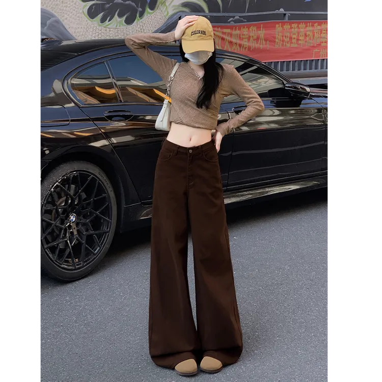 美拉德特大码咖色阔腿2025冬季新款宽松显瘦垂感直筒拖地牛仔裤女