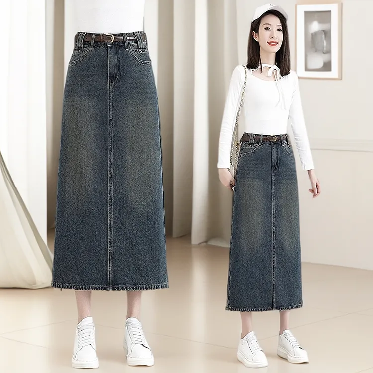 水泥灰牛仔半身裙子女2025春季新款高腰显瘦中长款a字开叉包臀裙