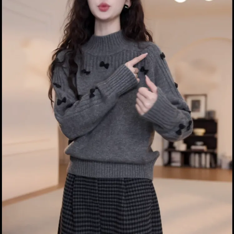 秋冬新款复古半高领蝴蝶结毛衣女秋冬慵懒风长袖针织衫LK2509000