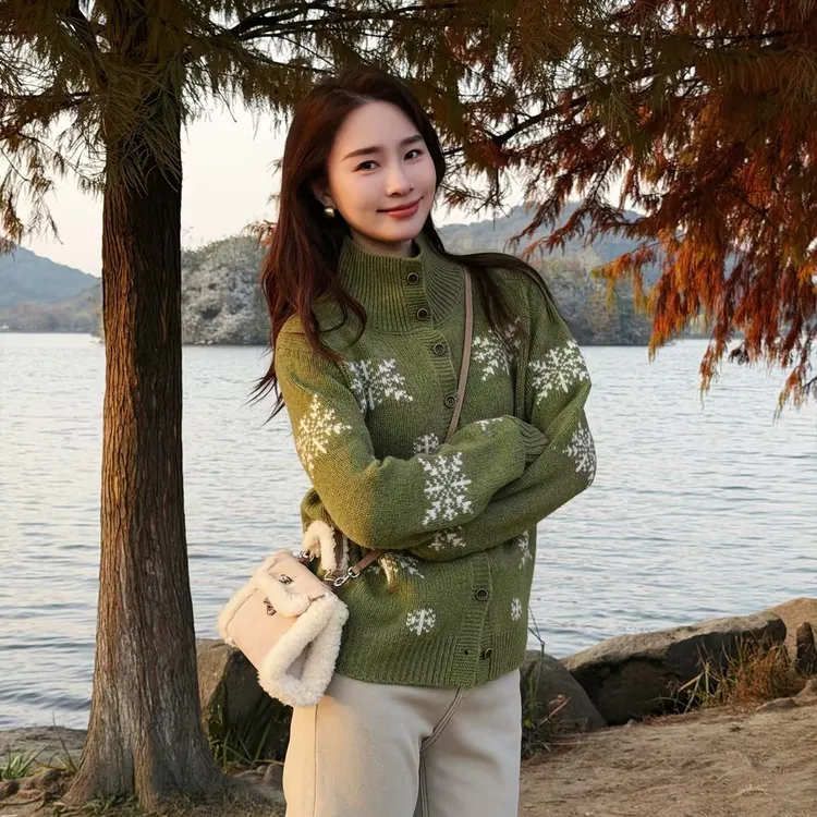 HELA AOMI “雪花毛衣”绵羊毛100%刺绣立领长袖针织衫CY5DC33476