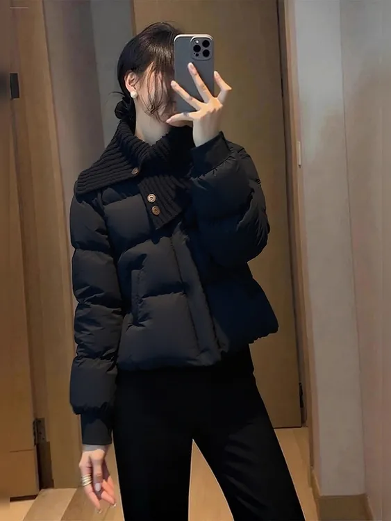 超好看冬装厚外套洋气独特别致设计感气质小香风围脖黑色加厚棉服