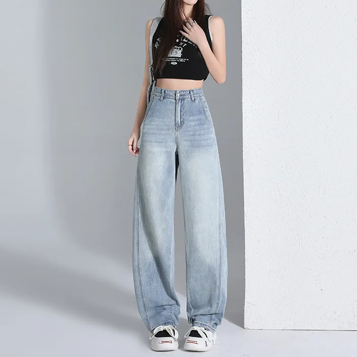 浅蓝高腰弯刀牛仔裤女2025夏季新款宽松显瘦拼接设计感阔腿镰刀裤