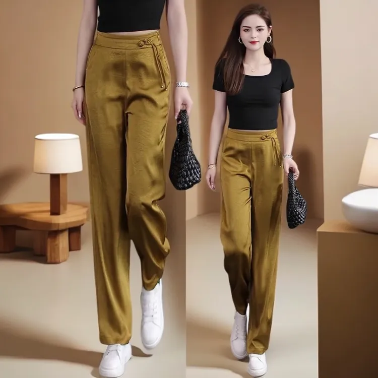 窄版冰丝阔腿裤女夏季薄款2025新款新中式国风盘扣醋酸缎面直筒裤