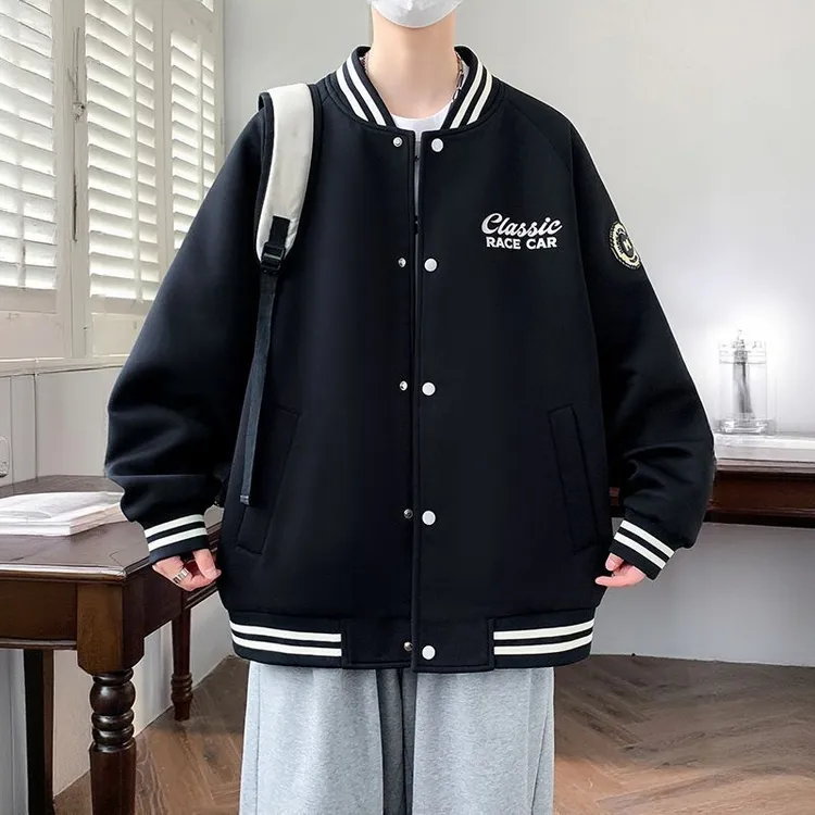 港风潮流棒球服外套男春秋季新款休闲宽松大码百搭撞色立领夹克潮