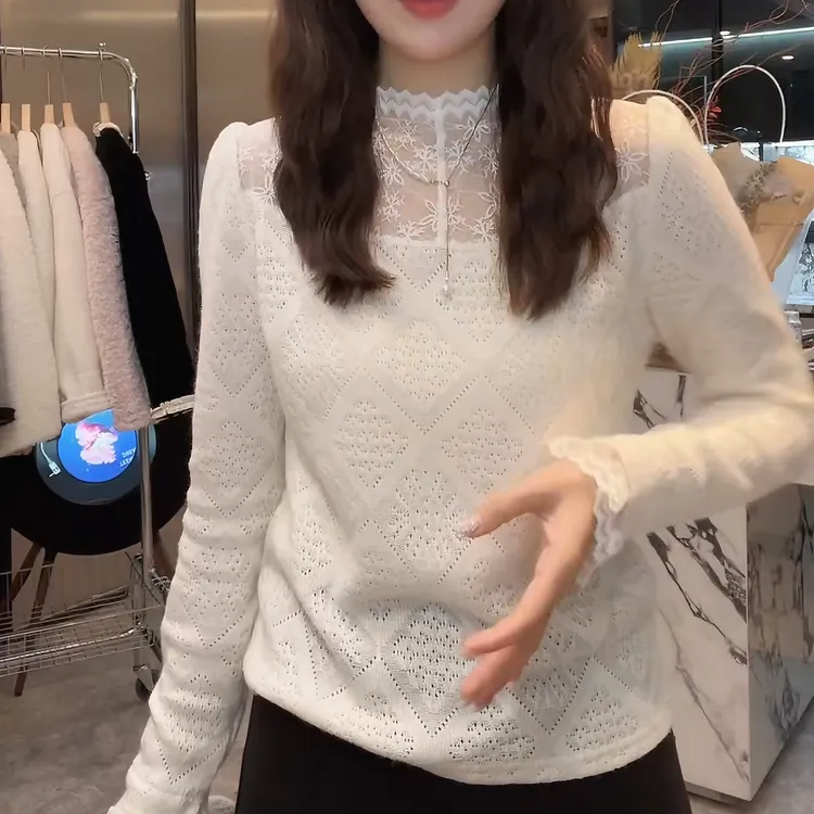 【四季钟情】2025秋冬新款镂空洋气半高领长袖蕾丝打底衫LK2507986