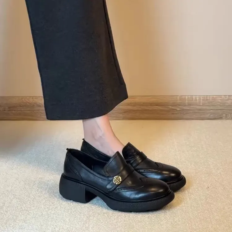 羊皮版~深口英伦风乐福鞋女一脚蹬圆头布洛克山茶花厚底粗跟单鞋