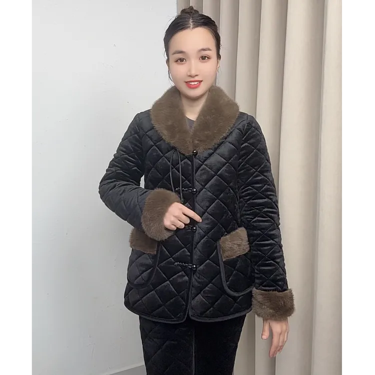 贵妃领新款加厚女上衣棉袄加绒显瘦气质冬百搭修身黑色保暖毛毛领